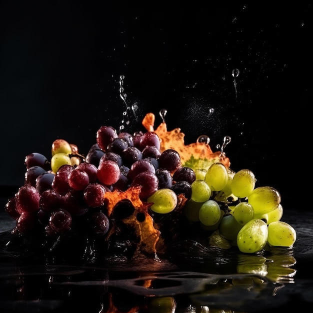 Uvas no esguicho de água no fundo preto isolado