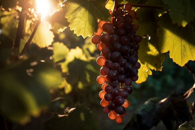 Uvas penduradas em uma videira em um dia ensolarado criadas com IA generativa