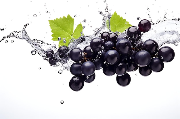Uvas pretas com salpicaduras de água isoladas em fundo branco
