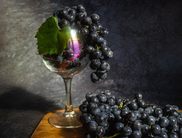 Uvas pretas Isabella encontra-se em um copo de vinho