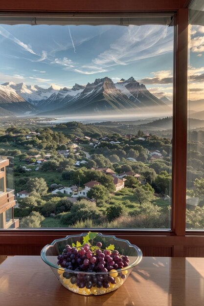 Foto uvas en un recipiente de vidrio con montañas en el fondo