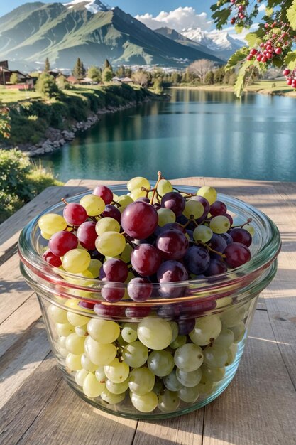 Foto uvas en un recipiente de vidrio con montañas en el fondo