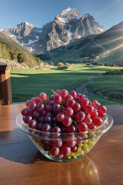 Foto uvas en un recipiente de vidrio con montañas en el fondo