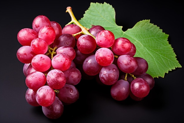 Uvas rojas cortadas a mitad con follaje en fondo oscuro vista desde arriba