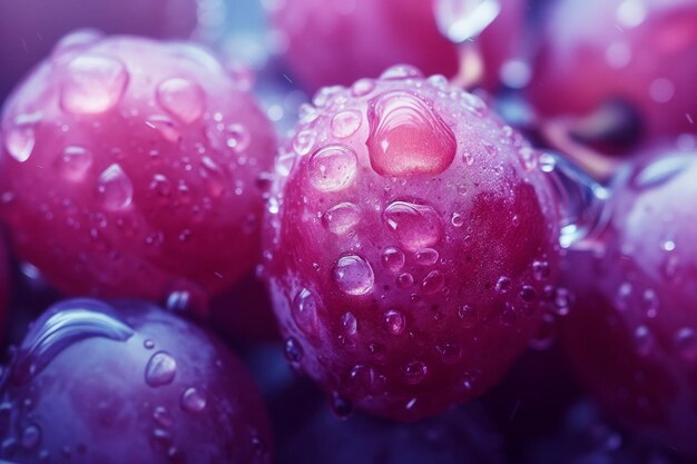 Uvas rojas con gotas de agua de cerca