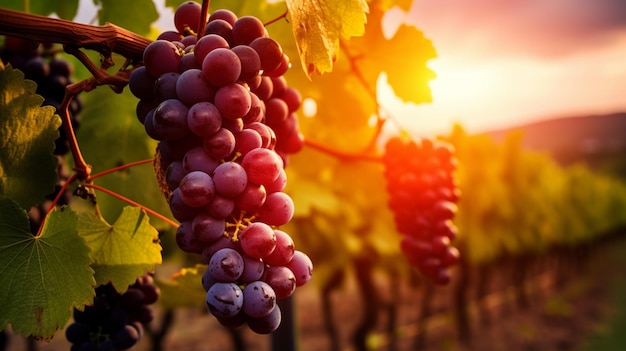 uvas rojas con hojas en la vid al atardecer