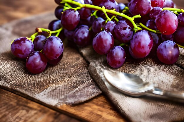 Uvas roxas em uma mesa com pano rústico