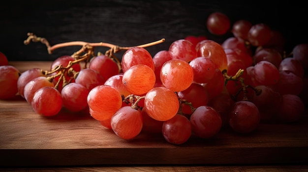 Uvas en una tabla de madera con un fondo oscuro