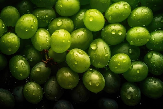 Uvas verdes fondo transparente gotas visibles de agua IA generativa
