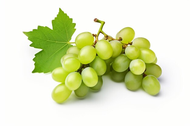 Uvas verdes frescas com folhas isoladas em branco