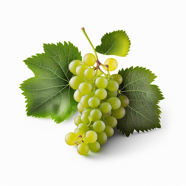 Uvas verdes con hojas sobre fondo blanco.