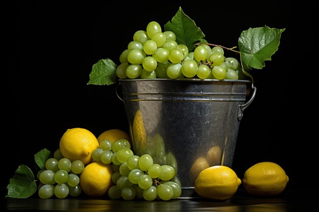 Uvas verdes en un mini cubo con rebanadas de limón
