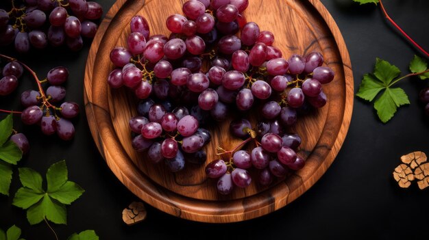 Uvas vermelhas frescas e limpas em prato de madeira