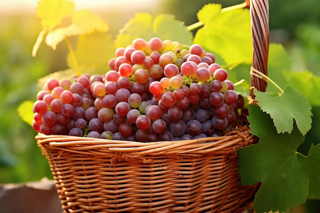 Foto uvas vermelhas maduras em cesta em fundo de vinha