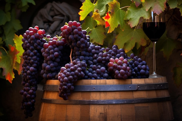 Las uvas en una vid con un barril de vino vintage a su lado