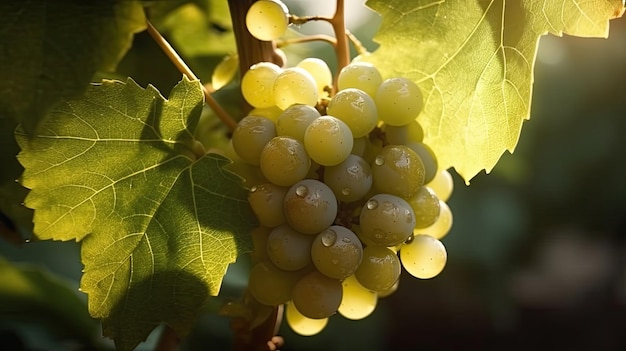 Uvas en una vid con gotas de lluvia sobre ellas