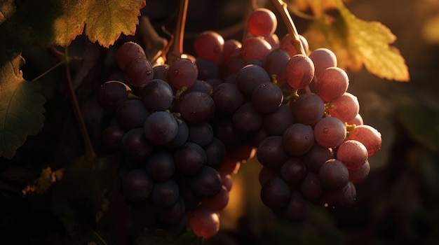 Uvas en una vid con el sol brillando sobre ellas