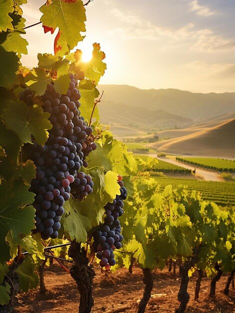 Uvas en una vid con el sol detrás de ellas.