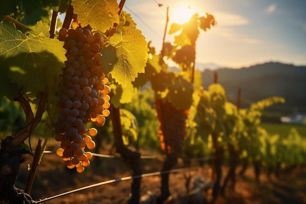 Uvas en una vid con el sol detrás de ellas.