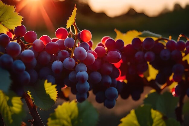 Uvas en una vid con el sol detrás de ellas