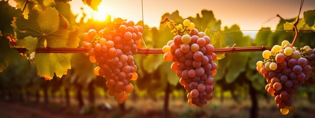 Foto las uvas del viñedo hermosa puesta de solaigenerativa ai