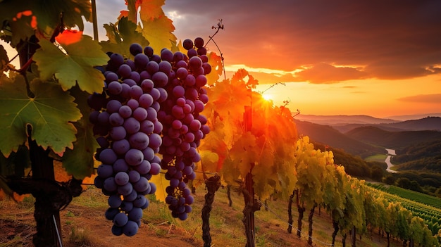 Uvas de vino tinto en viñedo al atardecer Toscana Italia