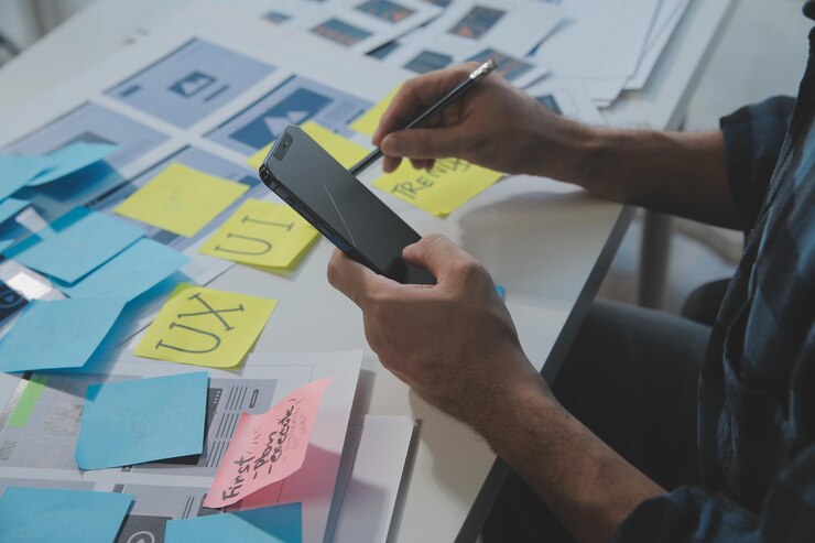 Foto ux diseñador gráfico boceto creativo planificación proceso de aplicación desarrollo prototipo wireframe para web teléfono móvil concepto de experiencia de usuario