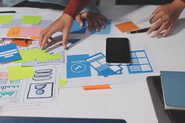 UX UI designer testing prototype on a phone discussing and brainstorming on wireframes for a website and mobile app prototype in the concept of website and mobile application design concept
