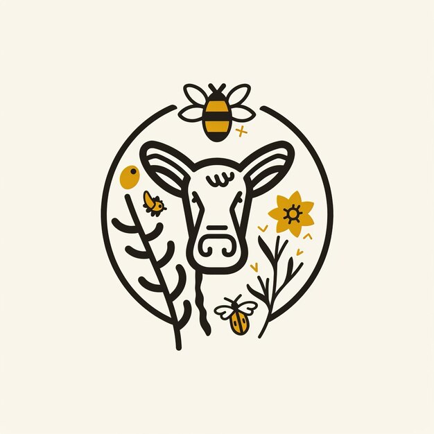 una vaca con una abeja en la cabeza y flores en la parte superior