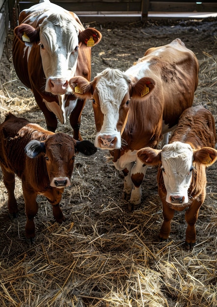 Una vaca adulta y un ternero en un granero limpio en un día soleado