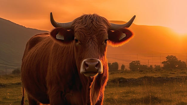 Una vaca con un atardecer de fondo.