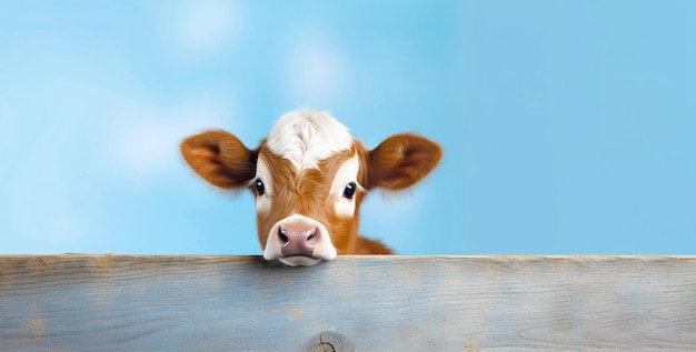 Foto vaca bebé asomándose desde detrás de un tablón de madera espacio de banner para texto