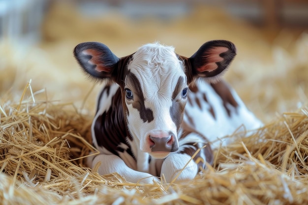 Una vaca bebé descansando en una pila de heno