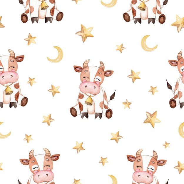 Vaca bebé marrón acuarela y estrellas de patrones sin fisuras