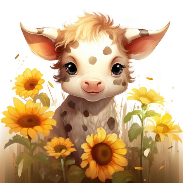 La vaca bebé sentada en el campo de girasoles