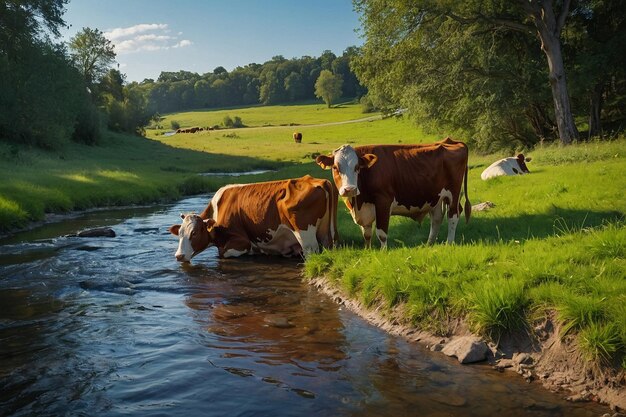 Foto una vaca bebiendo agua de un arroyo con una vaca en el fondo