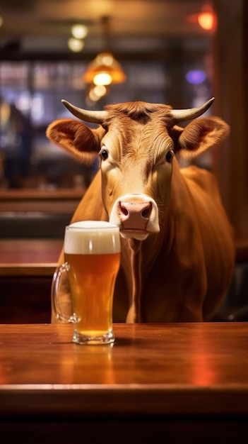 vaca bebiendo un vaso de cerveza de una taza