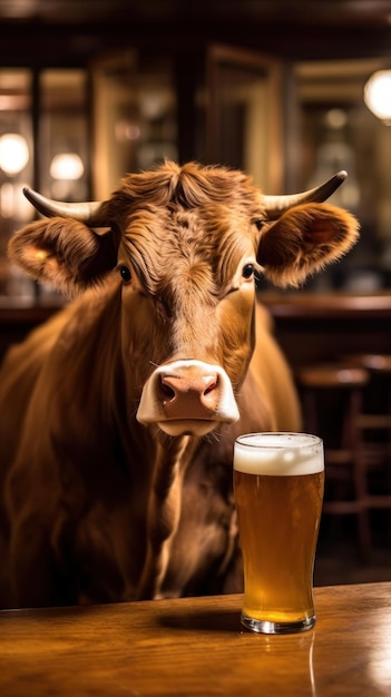 vaca bebiendo un vaso de cerveza con una vaca al fondo