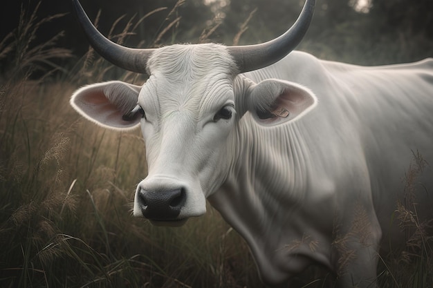 una vaca blanca de cuernos grandes y bata blanca vista de pie en medio de una densa hierba