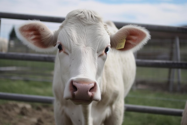 Una vaca blanca con una etiqueta en la boca se encuentra en una valla.