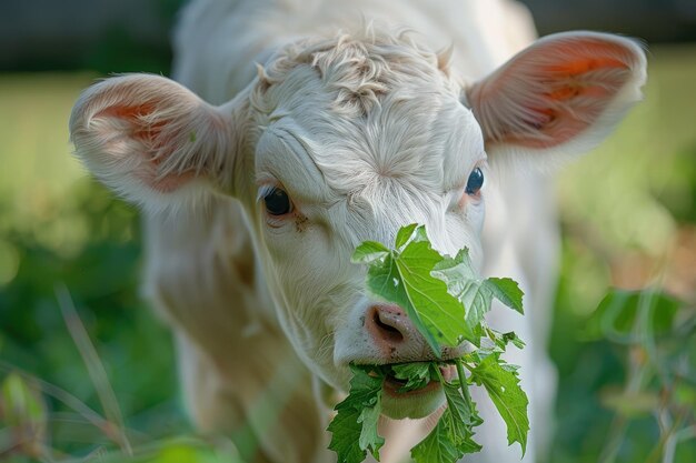 Una vaca blanca con una hoja verde en la boca