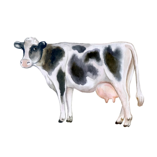 Foto vaca blanca y negra aislada sobre fondo blanco acuarela