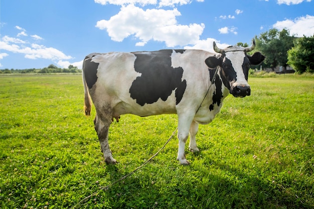 La vaca blanca y negra animal jura en un campo cubierto de hierba en un día brillante el cielo azul