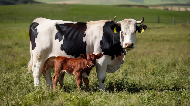 Vaca blanca y negra con su ternero en un campo verde