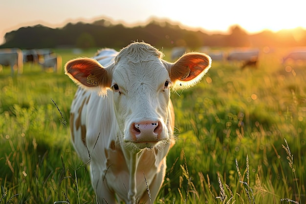 Una vaca blanca de pie en un campo de hierba verde