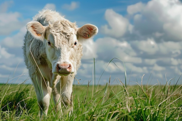 Una vaca blanca de pie en la parte superior de un campo verde exuberante