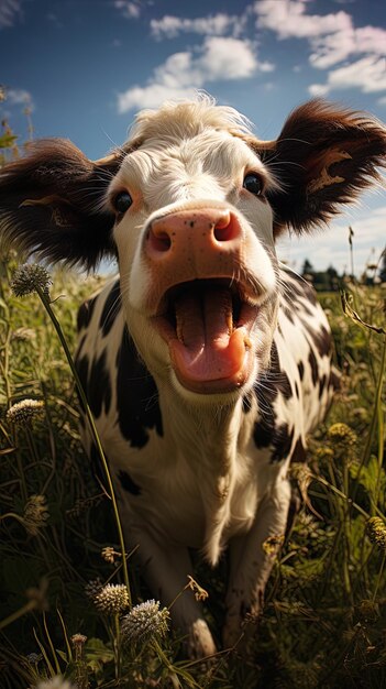 Foto una vaca con la boca abierta está de pie en un campo