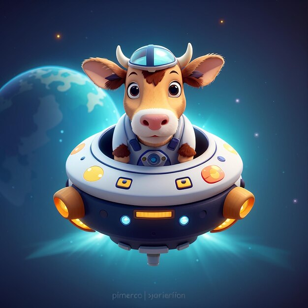 Foto vaca bonita chupada em nave espacial ufo ícone vetorial de desenho animado ilustração ícone de tecnologia animal conceito isolado estilo de desenho gráfico plano vetorial premium