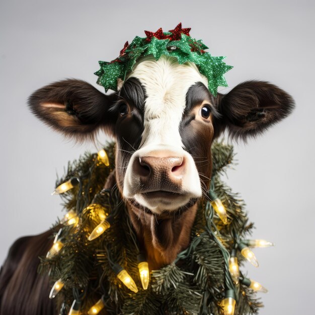 Vaca bonita com luzes de natal e guirlanda em fundo branco