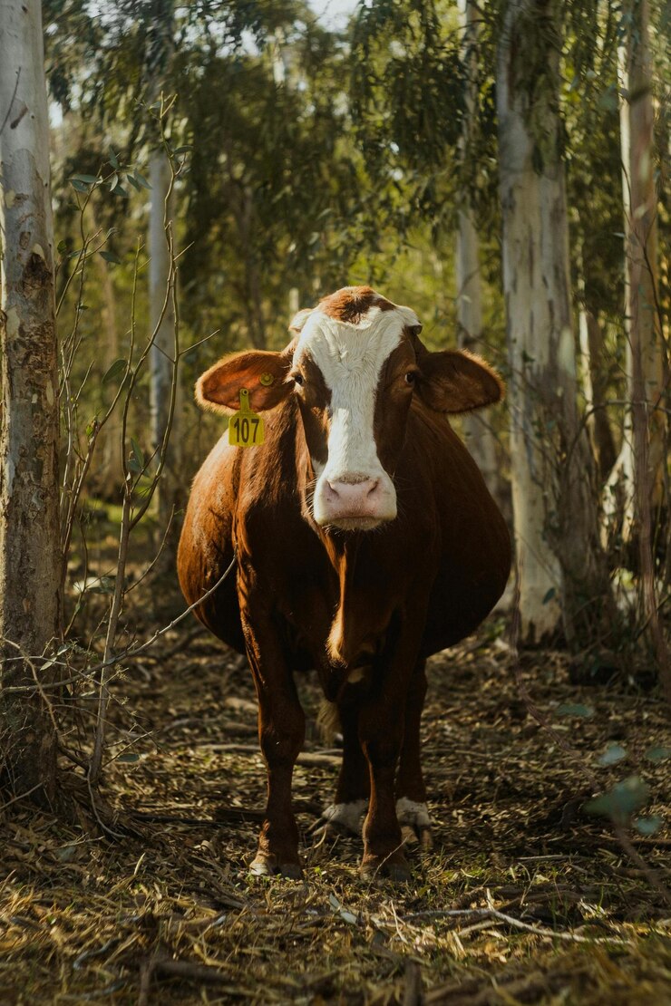 una vaca en el bosque con una cara blanca y una mancha blanca en su cara